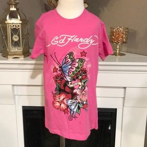 Ed Hardy Pink Butterfly Flowers Tee 